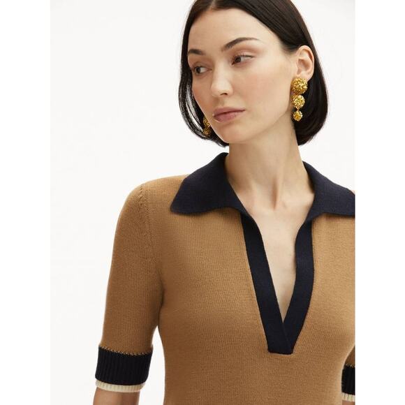 OSCAR DE LA RENTA Short Sleeve Color Block Pullover Top in Walnut Navy L - Picture 4 of 5